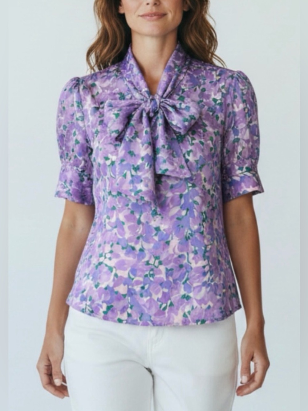 J.Crew Purple Floral Bow Tie Neck Short Sleeve Blouse